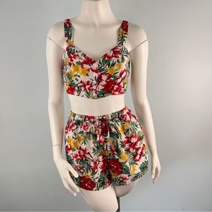 Lulus Luau Love White Tropical Print Two Piece Romper Shorts Crop Top Set XS
